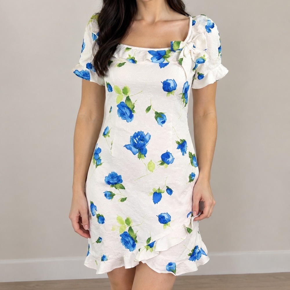 Vintage Floral Ruffle Bow Dress Blue White Womens Size 6